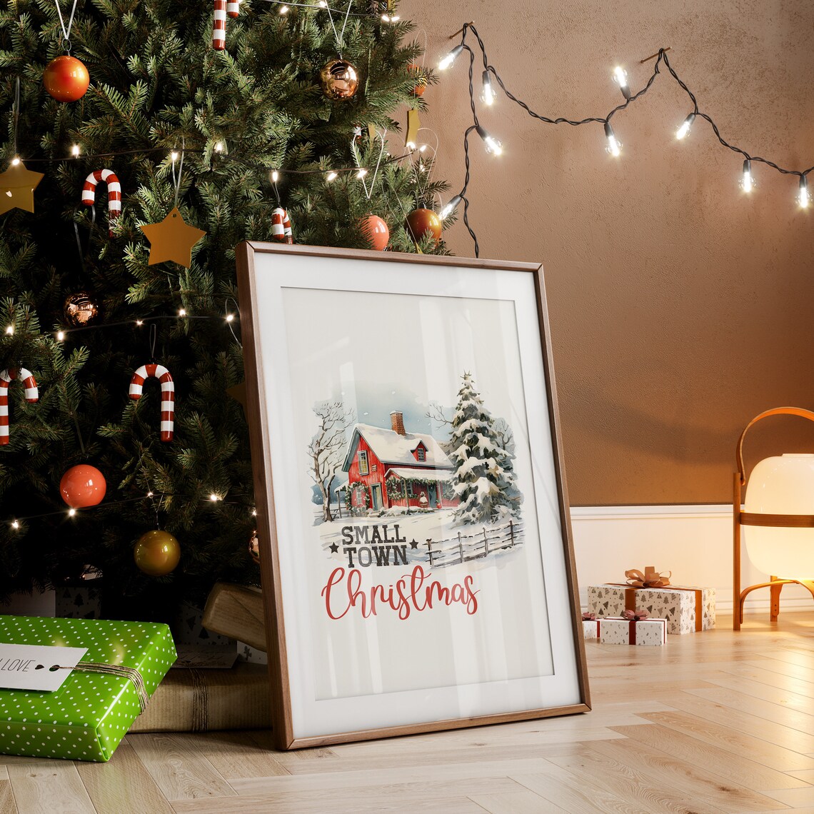 Small Town Christmas Snowy Red Farmhouse Winter Watercolor Poster - Image 3