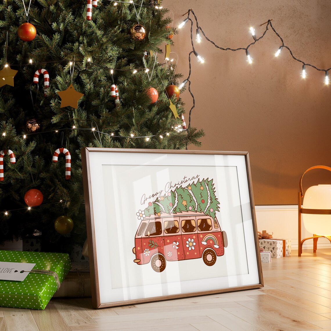 Groovy Christmas Pink Retro Van 70s Hippie Holiday Flower Poster - Image 3