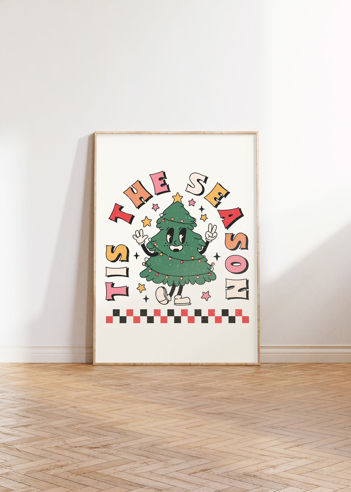 Tis The Season Retro Smiling Christmas Tree Character Wall Art - Image 3