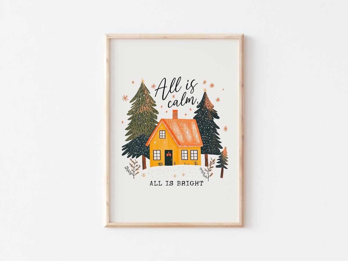 All Is Calm All Is Bright Cozy Cottage Snowy Scene Holiday Poster - Image 3