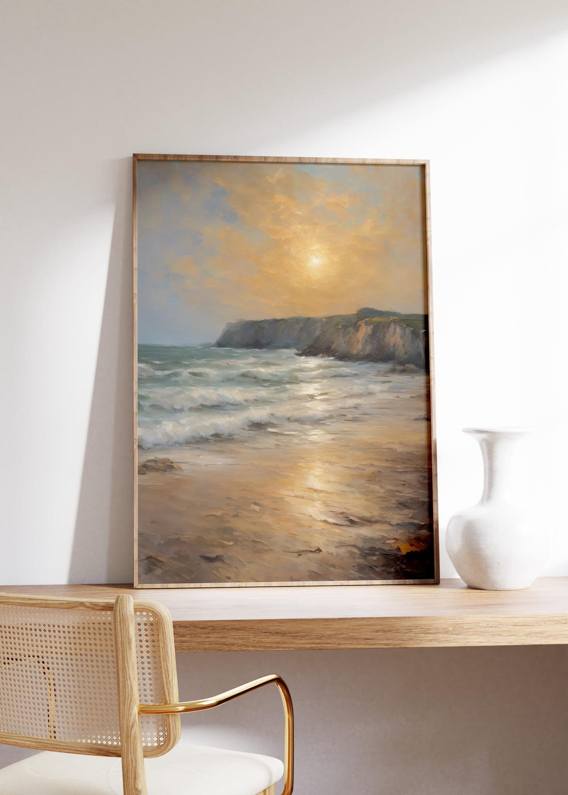 Vintage Golden Coastal Sunset Waves On Rocky Shore Art Poster - Image 4