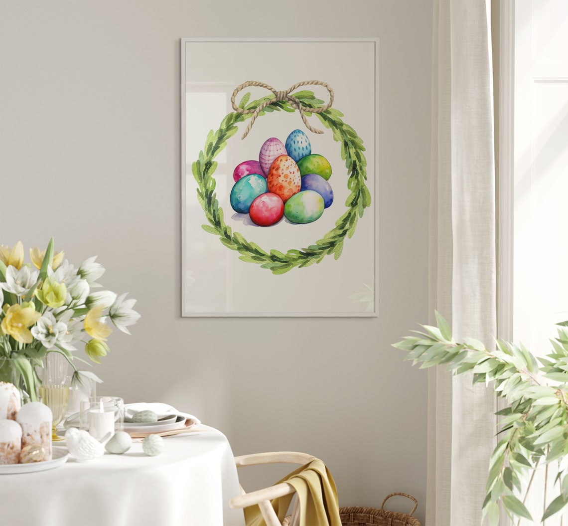 Colorful Easter Eggs In Green Leaf Wreath With Twine Bow Poster - Image 5