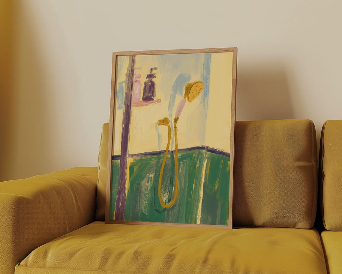 Abstract Yellow Green Shower Scene Modern Painterly Art Poster - Image 2