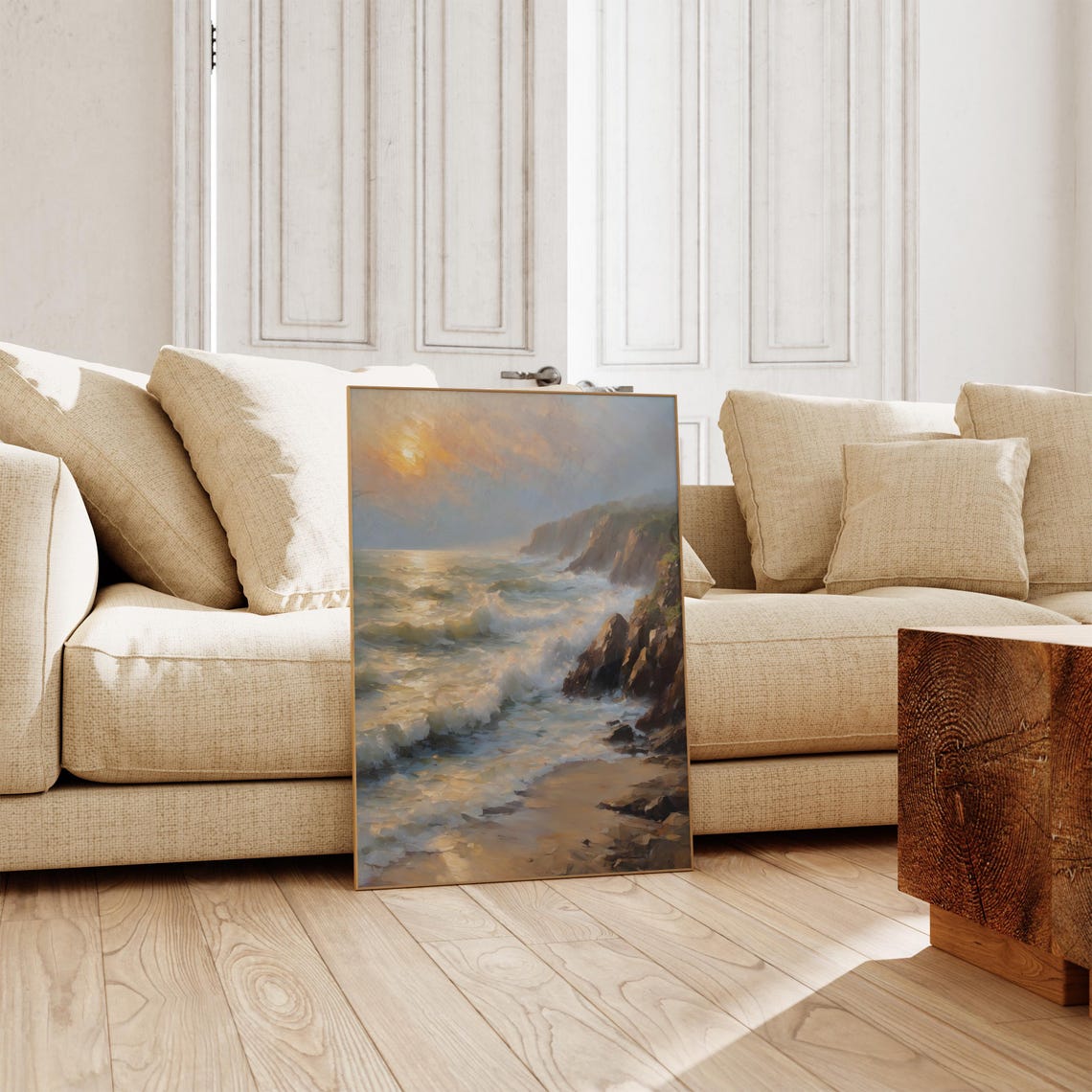 Moody Coastal Cliffs Dramatic Golden Sunset Seascape Art Poster - Image 2