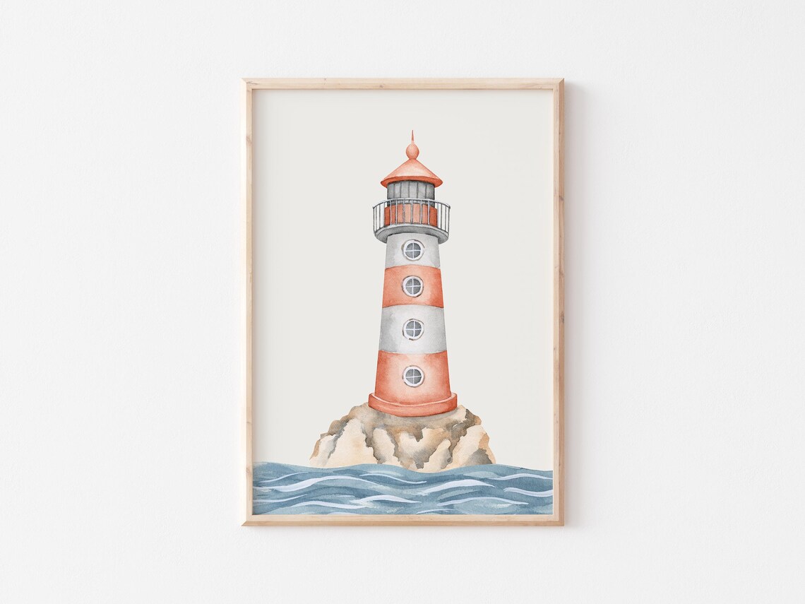 Red and White Striped Lighthouse on Rocky Shore Watercolor Art Poster - Image 3