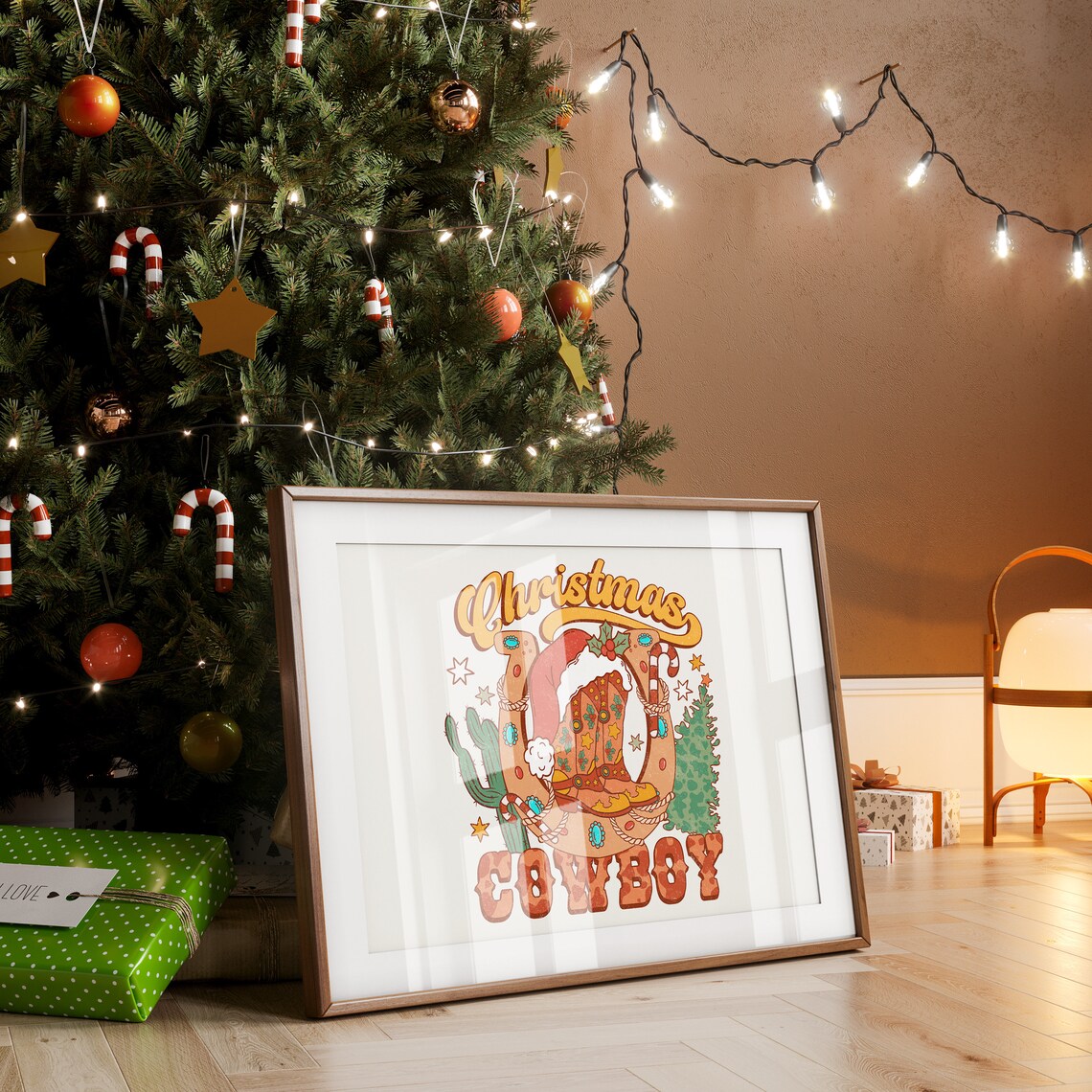 Christmas Cowboy Boot Turquoise Horseshoe Western Holiday Poster - Image 3