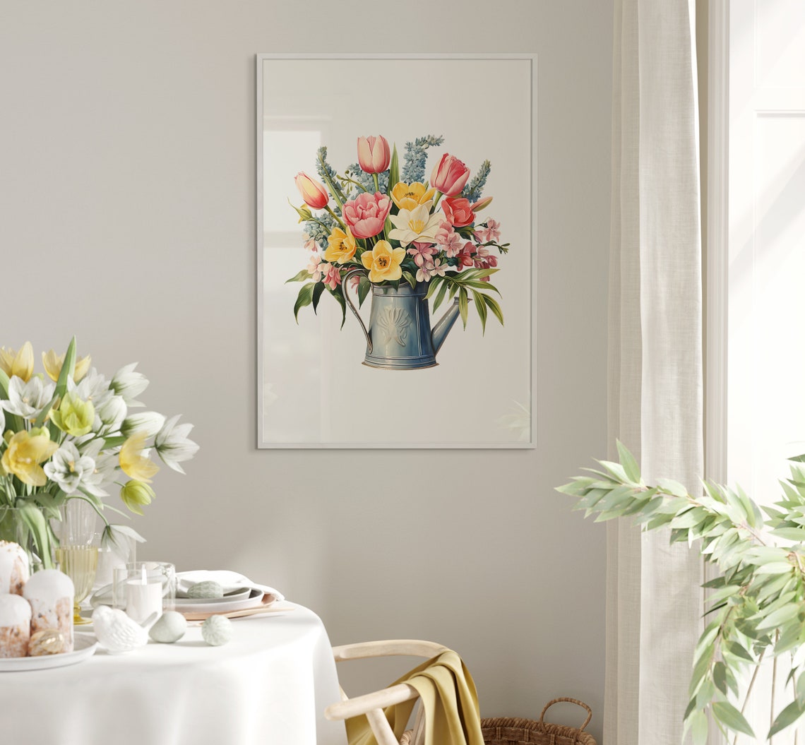 Garden Flowers In Blue Watering Can Spring Watercolor Flower Poster - Image 5