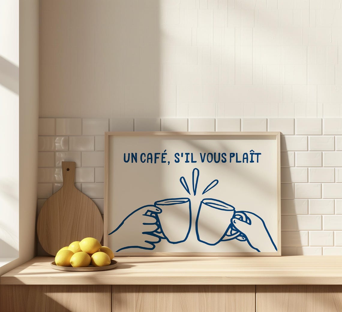 Un Cafe Sil Vous Plait French Coffee Clinking Mugs Line Art Poster - Image 4