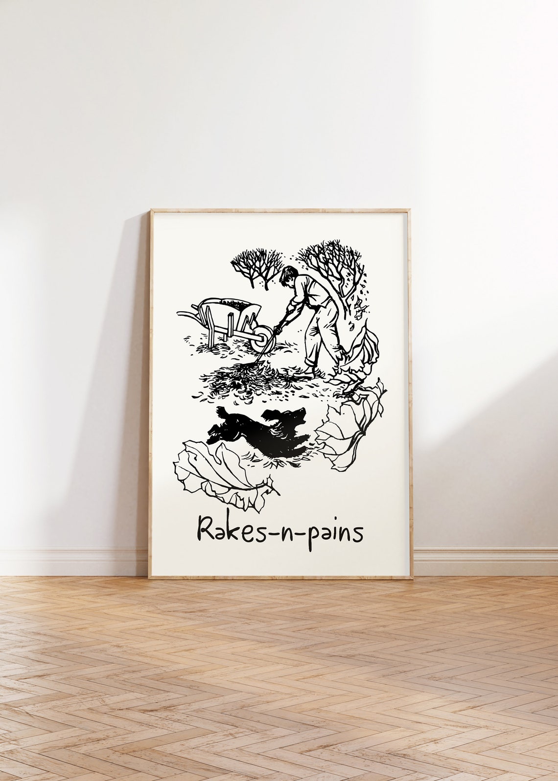 Rakes-n-Pains Funny Fall Leaf Raking Dog Linocut Humor Print - Image 3