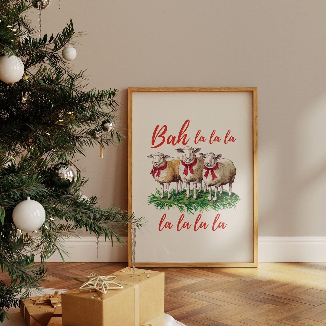 Bah La La La Singing Sheep Red Scarves Funny Christmas Poster - Image 5