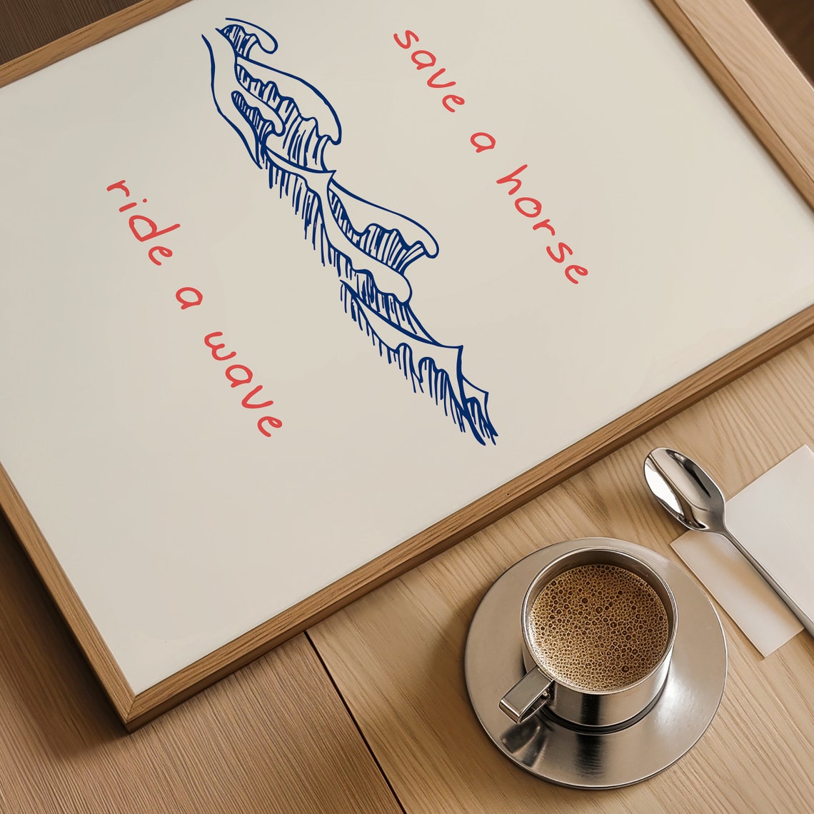 Save A Horse Ride A Wave Coral Text With Blue Ocean Waves Poster - Image 4