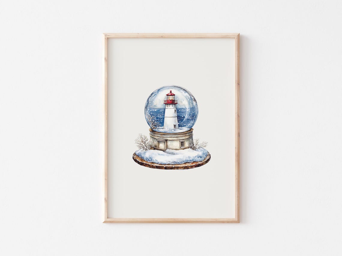 Watercolor Snow Globe Lighthouse Nautical Christmas Decor Poster - Image 3