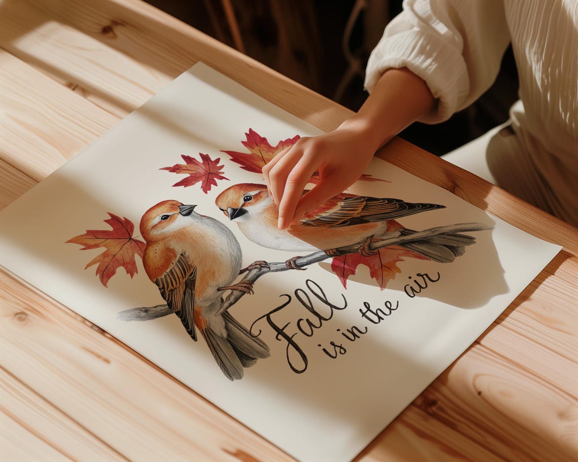 Fall Is In The Air Watercolor Birds and Maple Leaves Autumn Poster - Image 3