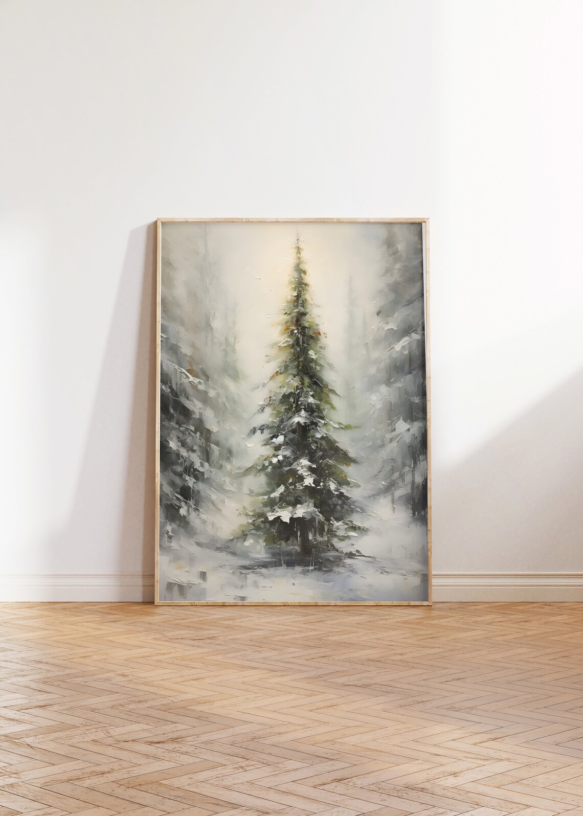 Snowy Evergreen Tree Misty Winter Forest Oil Style Christmas Wall Art - Image 3