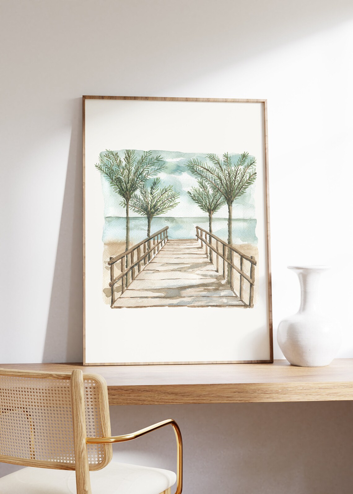 Neutral Palm Tree Boardwalk Beach Watercolor Coastal Minimalist Poster - Image 2