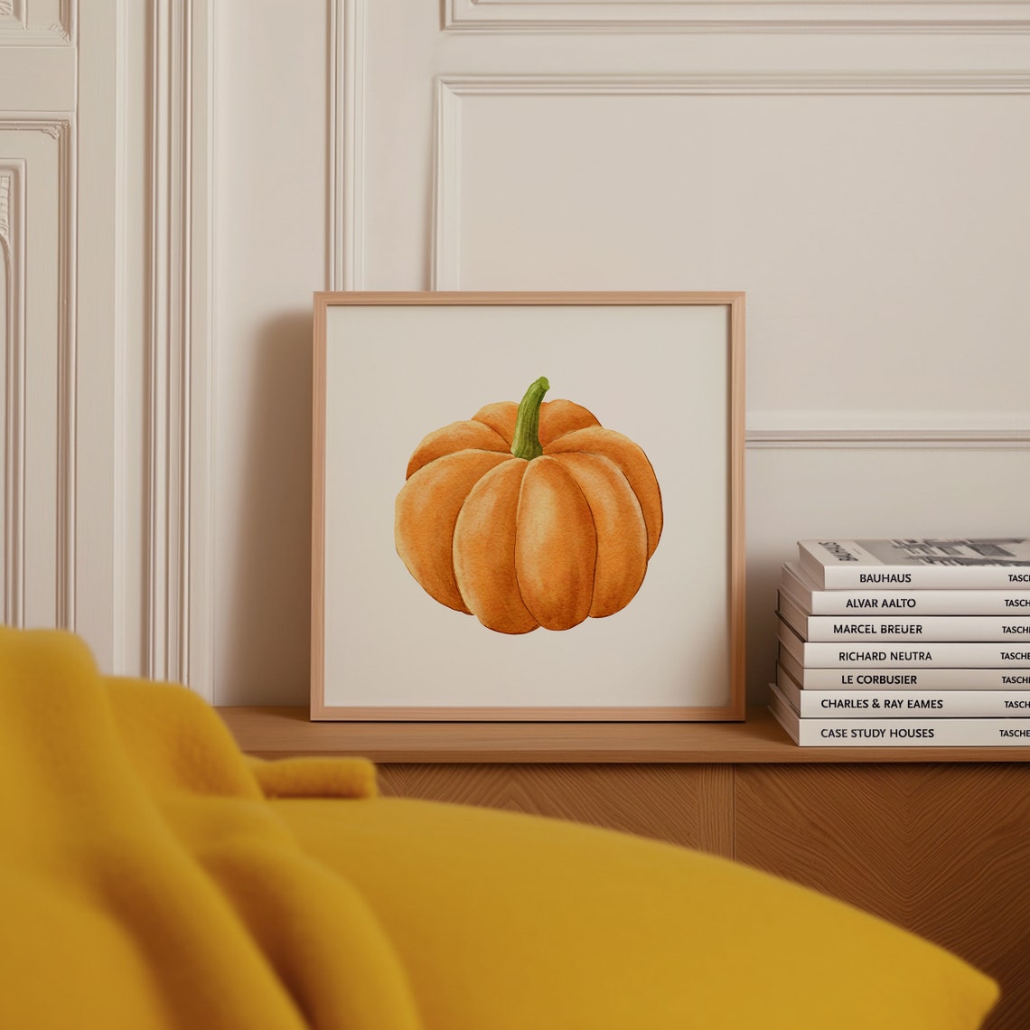 Watercolor Orange Pumpkin With Tall Green Stem Fall Art Poster - Image 3