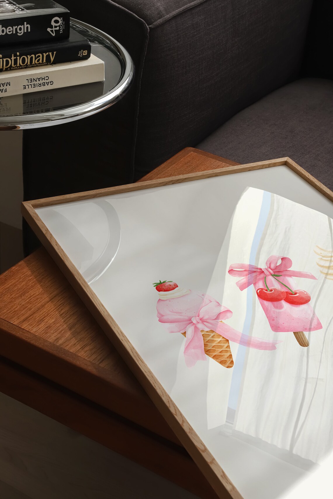 Pink Coquette Ice Cream Cones and Cherry Popsicle Watercolor Poster - Image 2