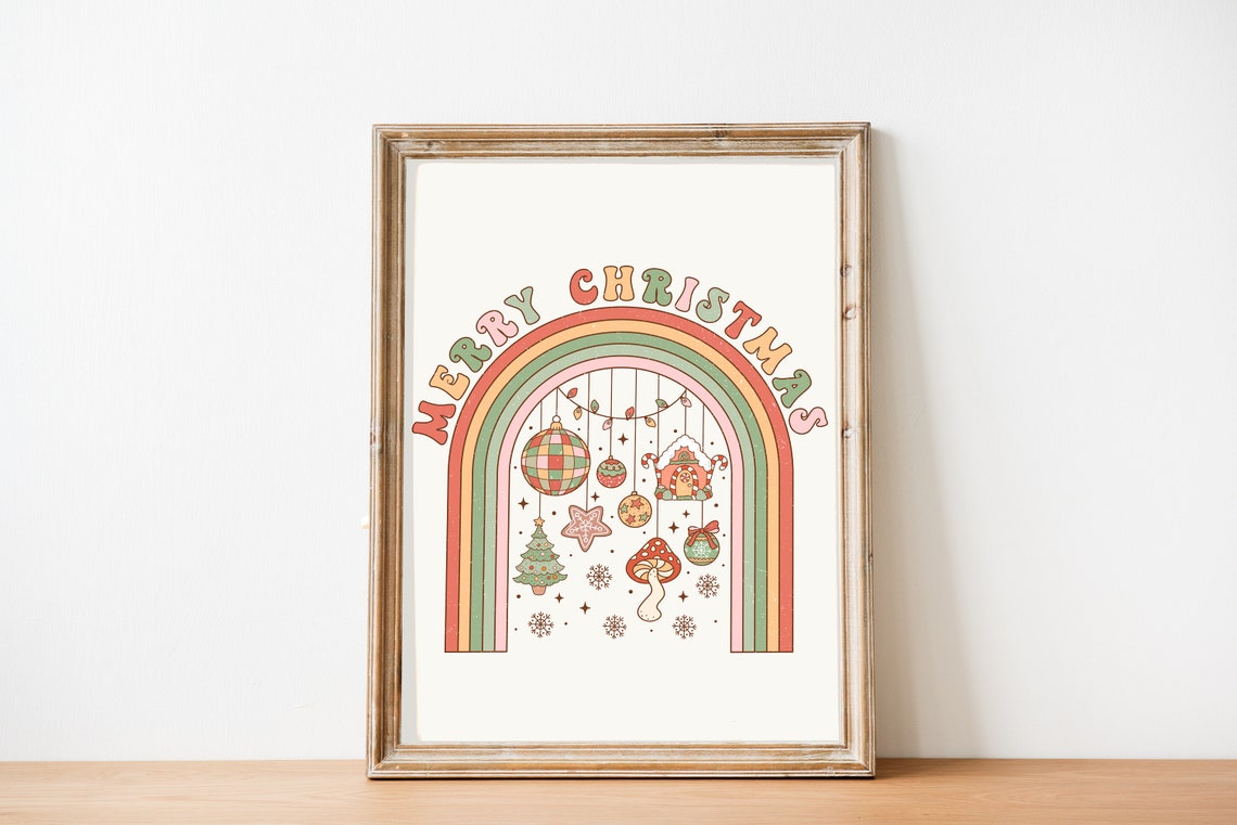 Groovy Merry Christmas Retro Rainbow Ornaments 70s Holiday Poster - Image 5