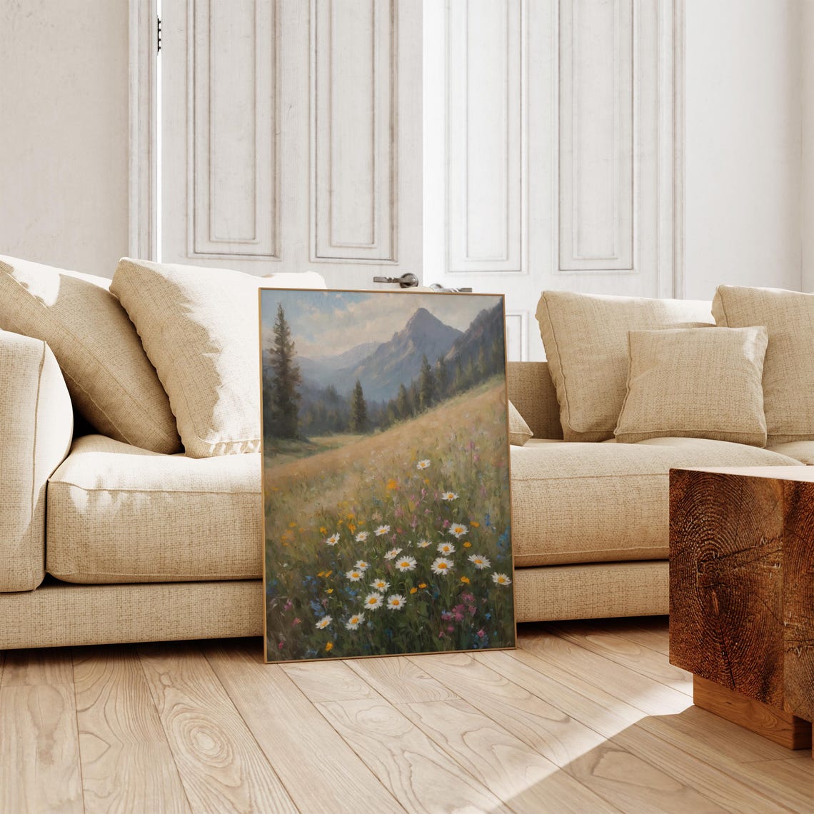 Daisy Wildflower Mountain Meadow Vintage Oil Painting Landscape Poster - Image 2