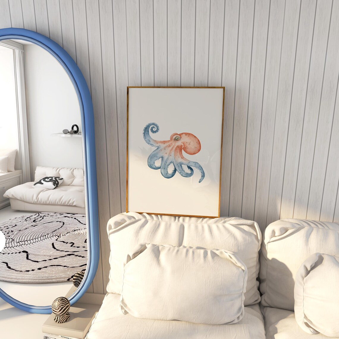 Coral and Blue Watercolor Octopus Curling Tentacles Sea Life Art Poster - Image 4