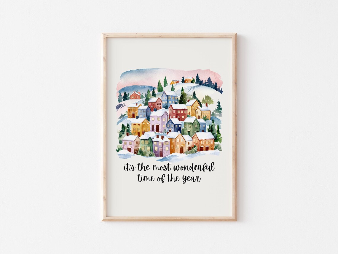 Watercolor Snowy Village Most Wonderful Time of Year Christmas Poster - Image 4