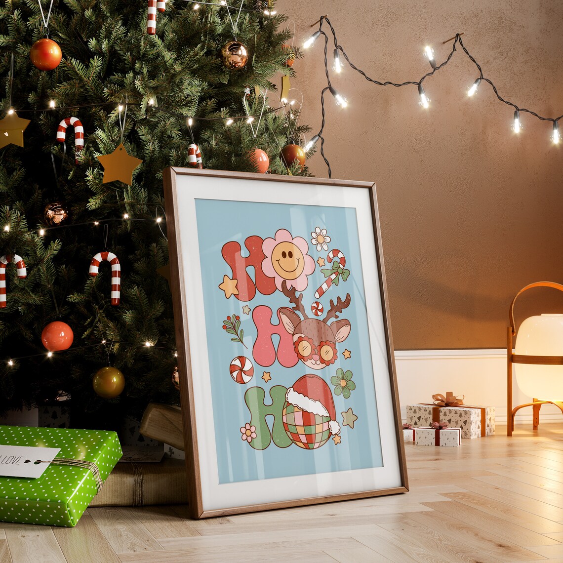 Ho Ho Ho Retro Christmas Reindeer Disco Ball Smiley Party Print - Image 4