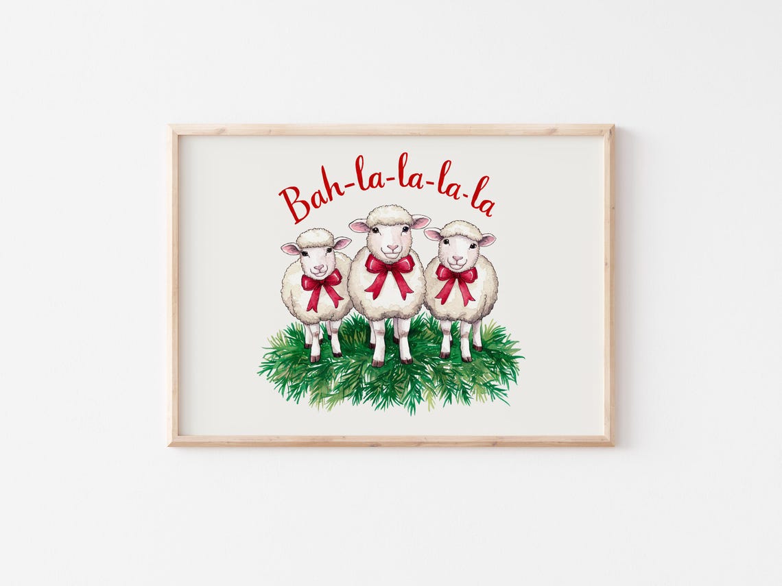 Bah La La La La Cute Sheep Red Bows Christmas Farm Art Poster - Image 4