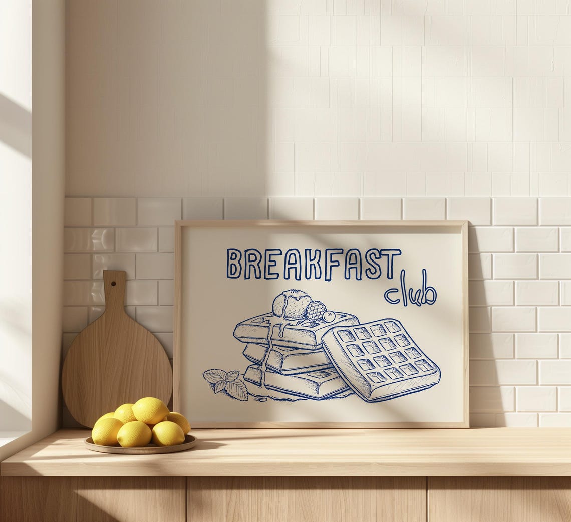 Breakfast Club Blue Ink Waffle Stack Kitchen Line Art Poster - Image 3