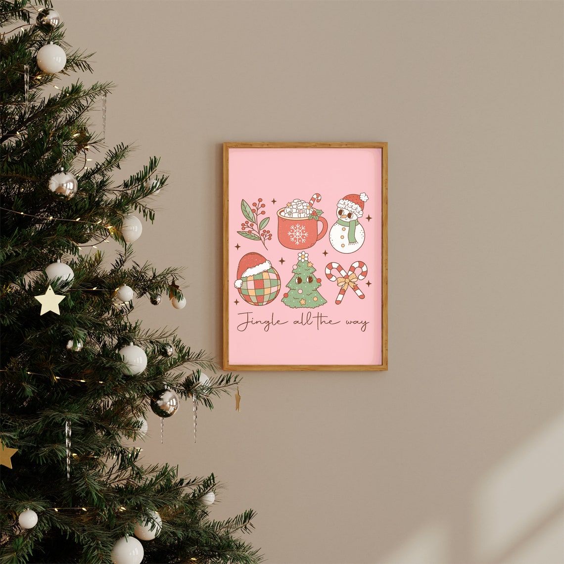 Jingle All The Way Pink Retro Cocoa Mug Snowman Disco Ball Print - Image 2