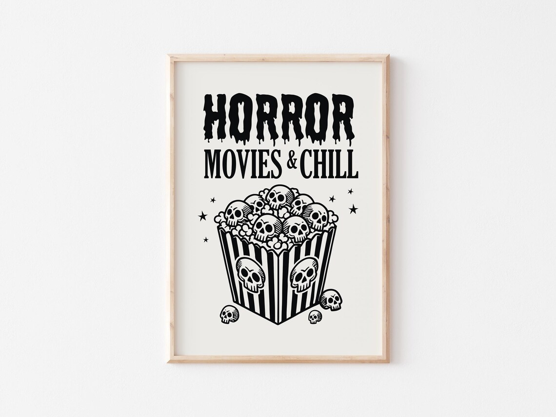 Horror Movies And Chill Skull Popcorn Retro Halloween Poster - Image 2