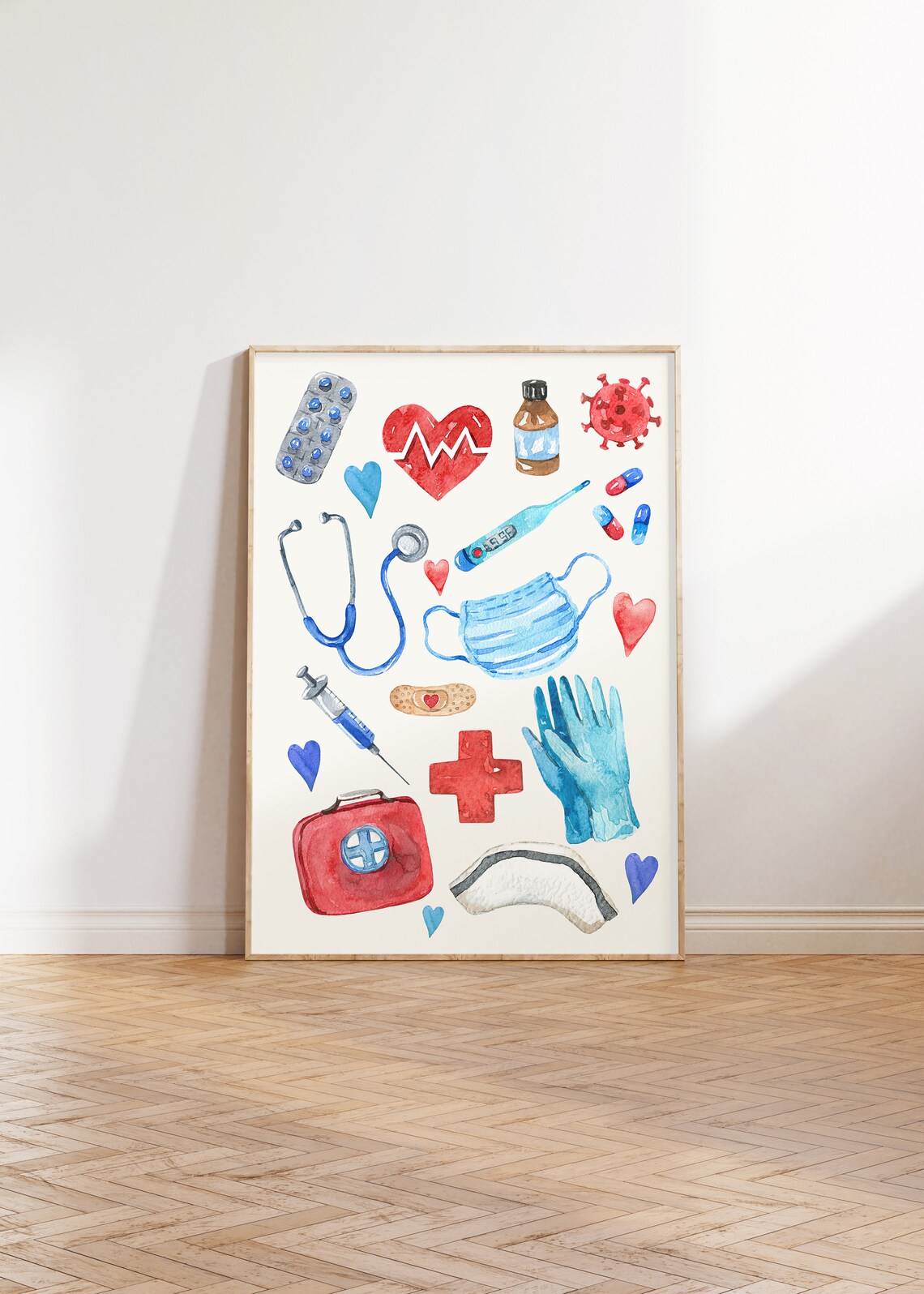 Watercolor Nurse Medical Icons Stethoscope Syringe Heart Poster - Image 5