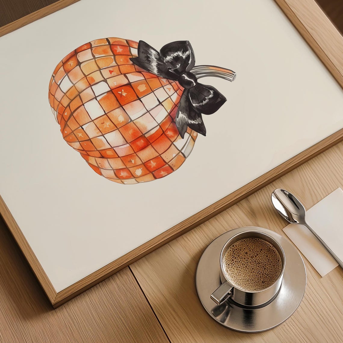 Disco Ball Pumpkin With Black Bow Watercolor Fall Art Poster - Image 3
