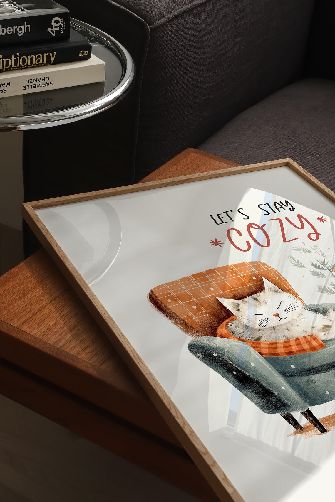 Let's Stay Cozy Sleepy White Cat in Plaid Armchair Hygge Poster - Image 5