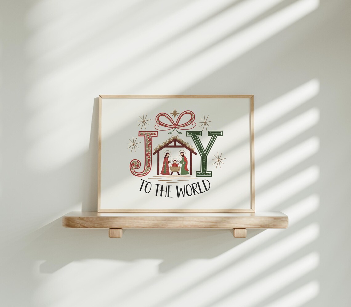 Joy To The World Nativity Scene Horizontal Christmas Typographic Poster - Image 2