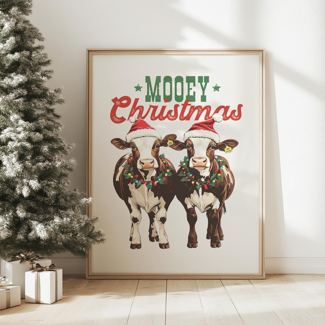 Mooey Christmas Adorable Cows in Santa Hats Farmhouse Poster - Image 3