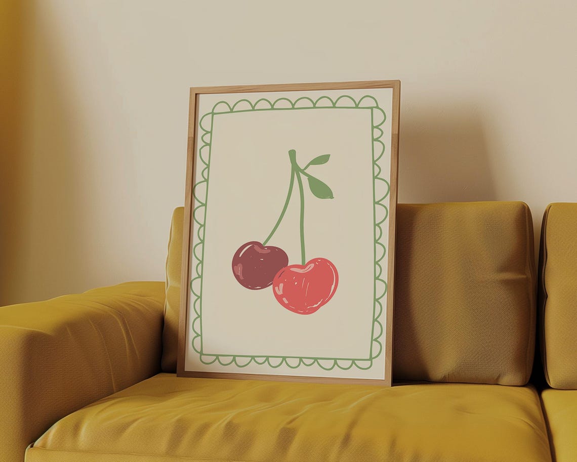 Hand Drawn Cherry Illustration Scalloped Border Preppy Kitchen Poster - Image 3