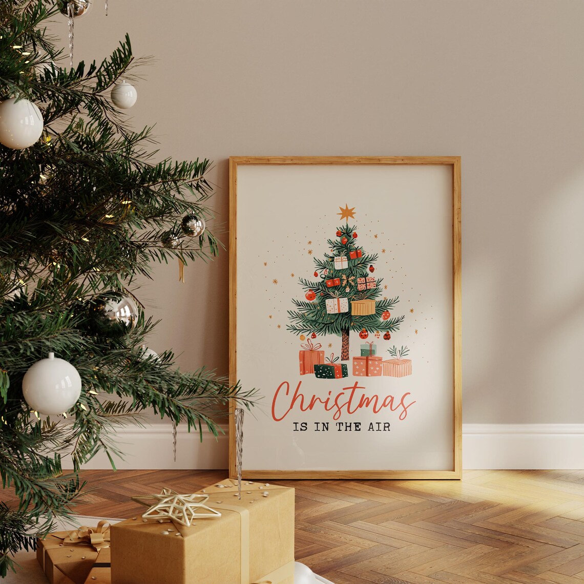 Christmas Is in the Air Watercolor Christmas Tree Gifts Poster - Image 3