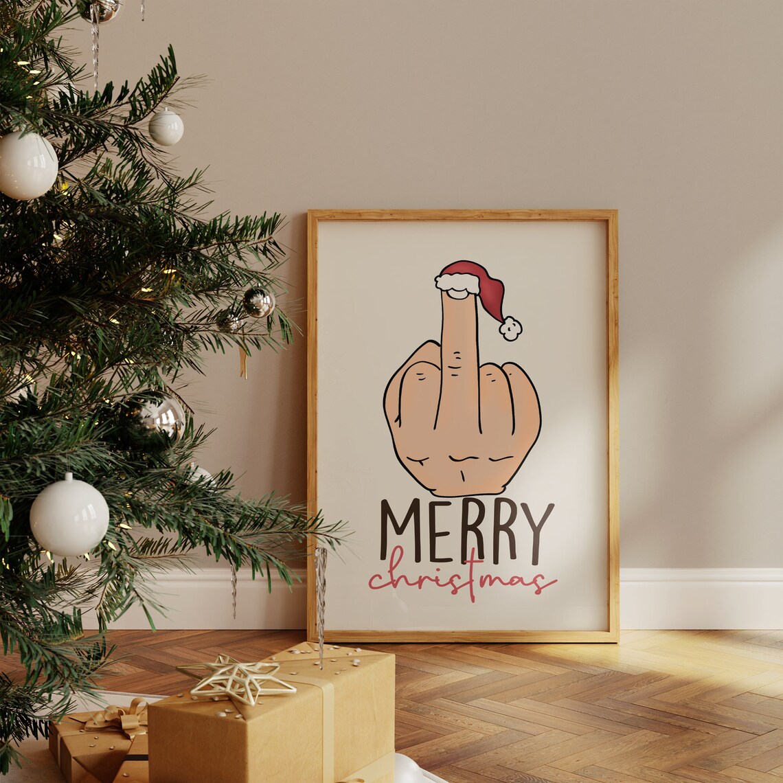 Merry Christmas Middle Finger Santa Hat Sarcastic Holiday Poster - Image 4
