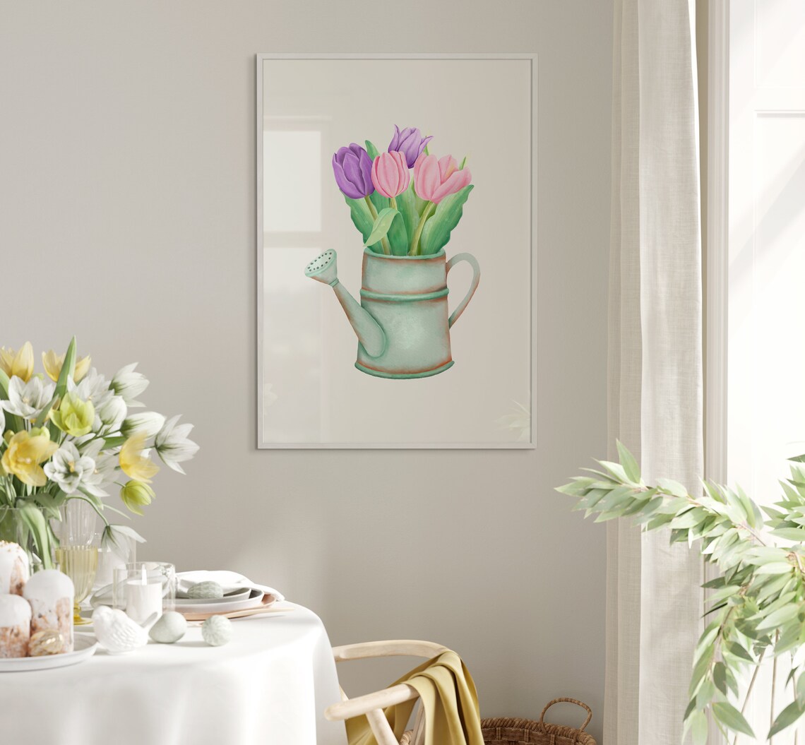 Pink And Purple Tulips In Watering Can Watercolor Flower Poster - Image 5