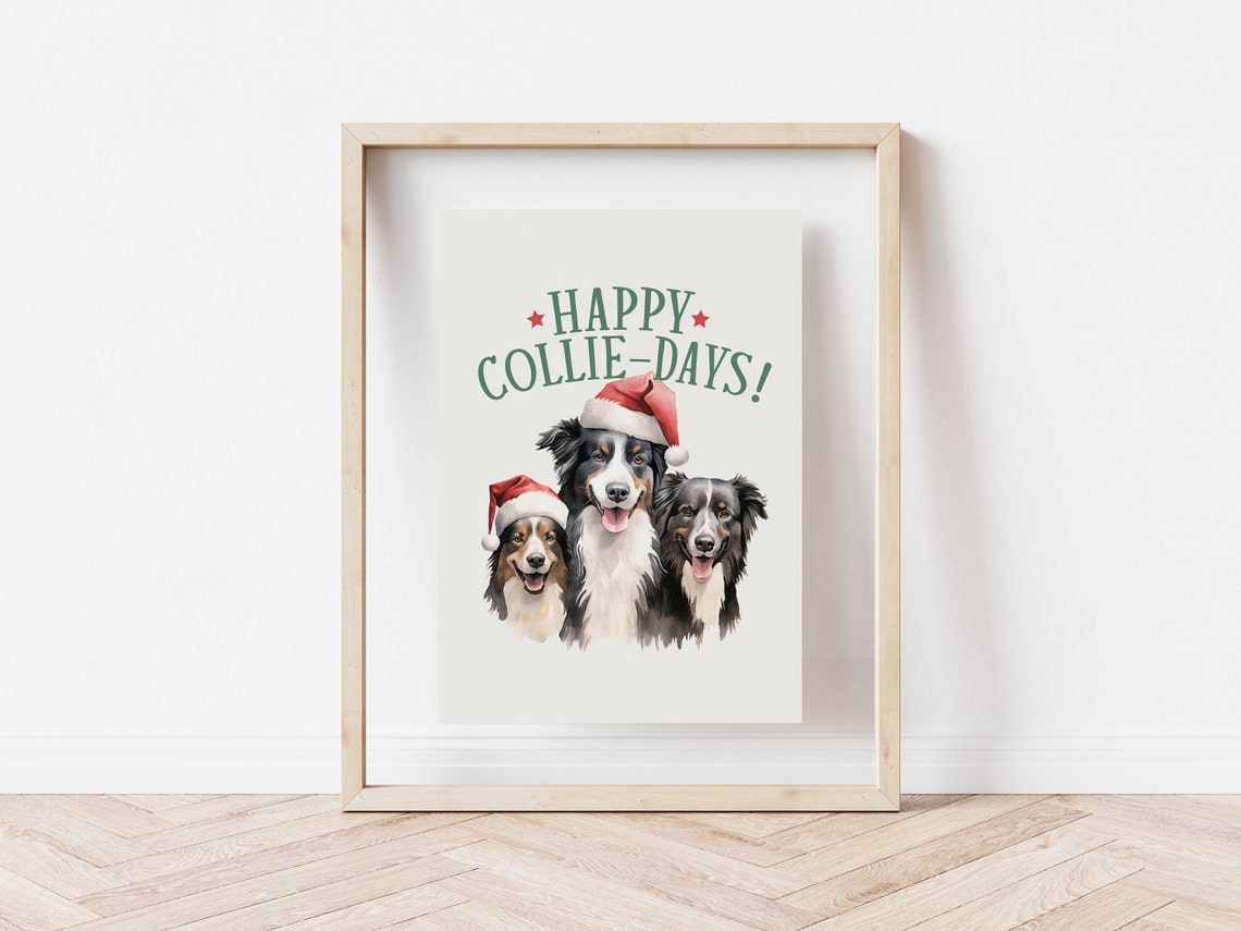 Happy Collie Days Three Collies In Santa Hats Christmas Dog Poster - Image 5