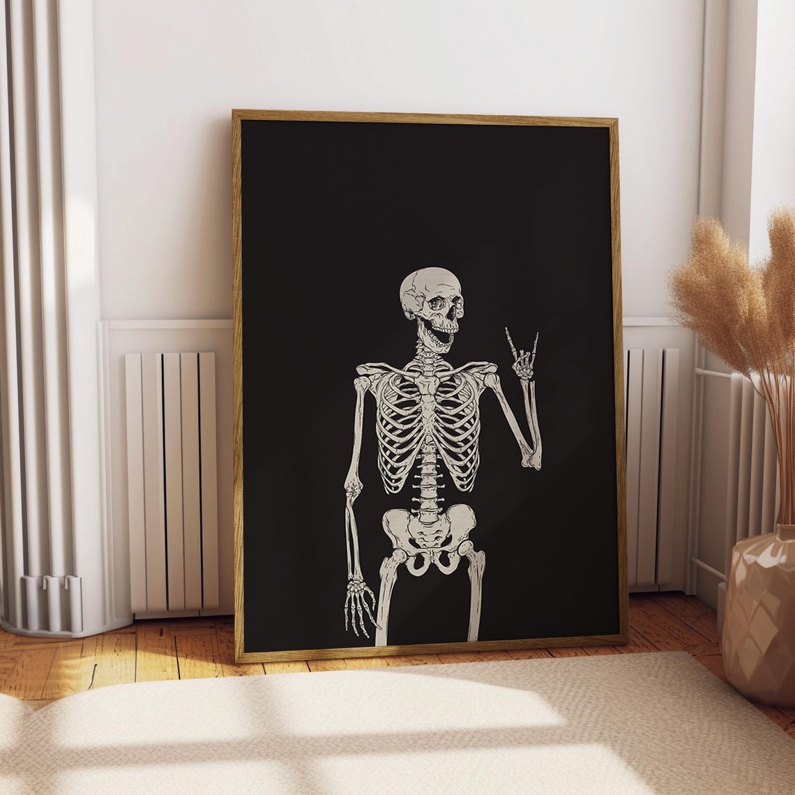 Skeleton Throwing Rock On Hand Sign On Black Halloween Poster - Image 4