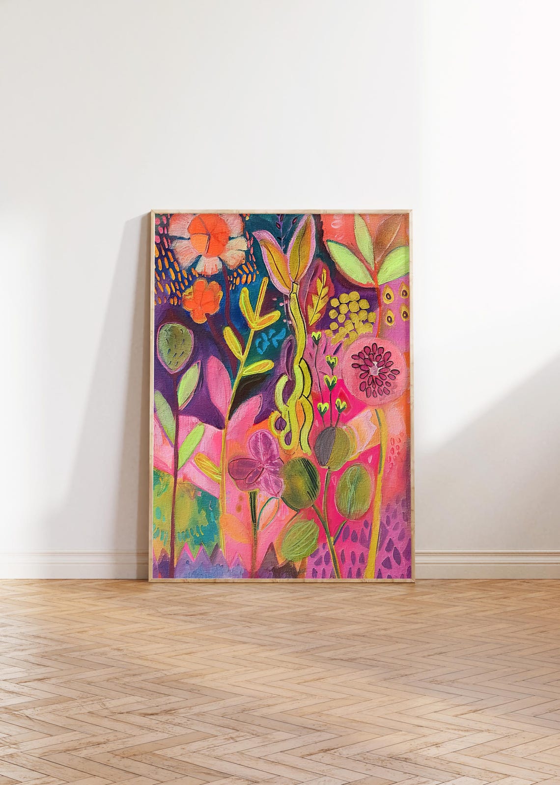 Bold Abstract Botanical Garden Painting Poster in Pink and Purple - Image 2