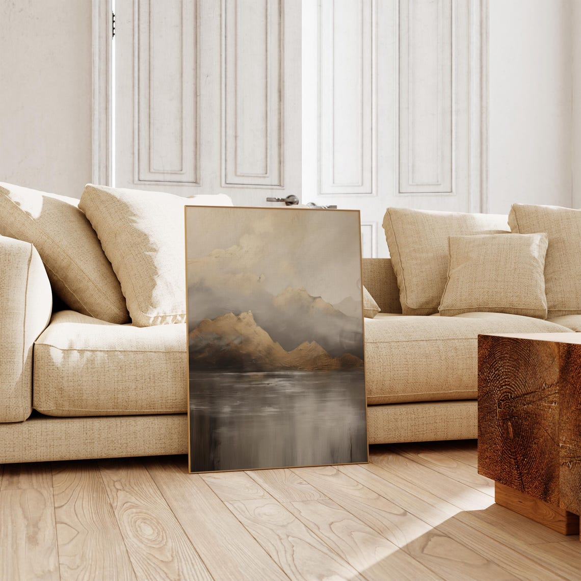 Golden Misty Mountain Peaks Reflecting On Calm Dark Lake Print - Image 5