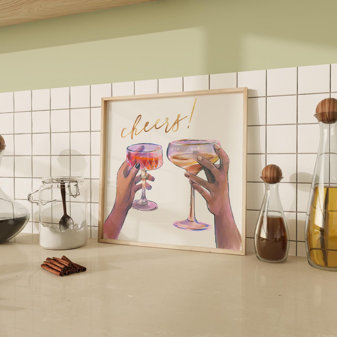 Cheers Gold Script Cocktail Glasses Bar Cart Clinking Art Poster - Image 4