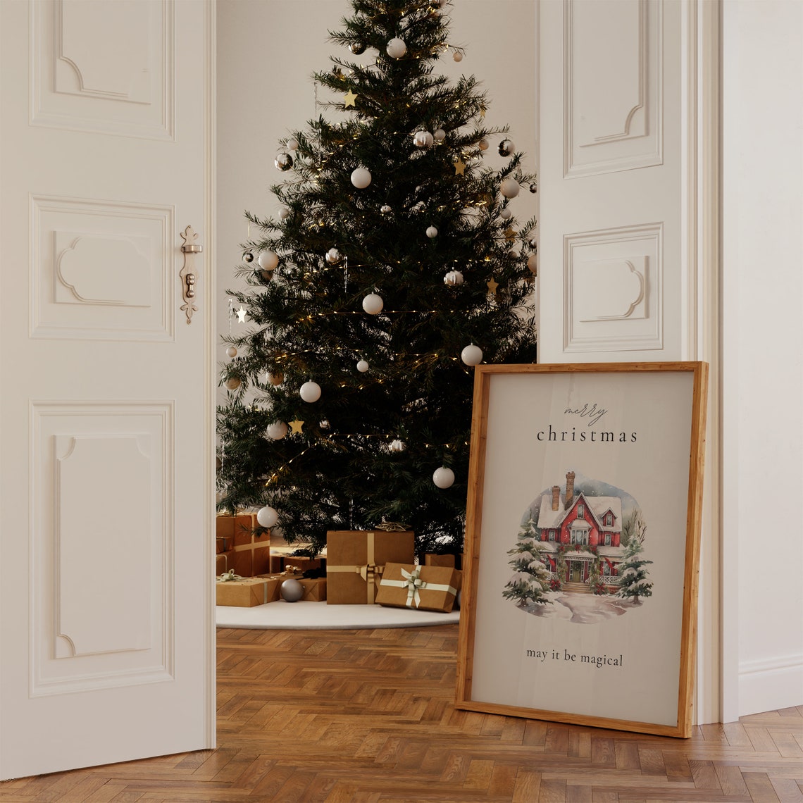 Merry Christmas May It Be Magical Red House Snow Watercolor Poster - Image 3