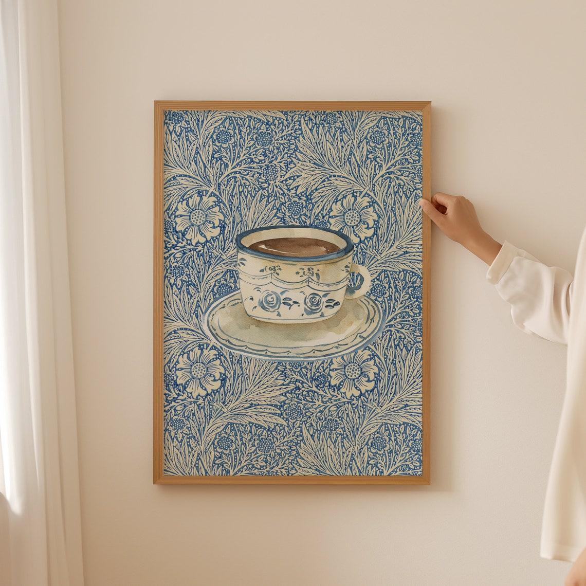 Vintage Coffee Cup On Blue Floral Pattern Retro Kitchen Wall Poster - Image 4