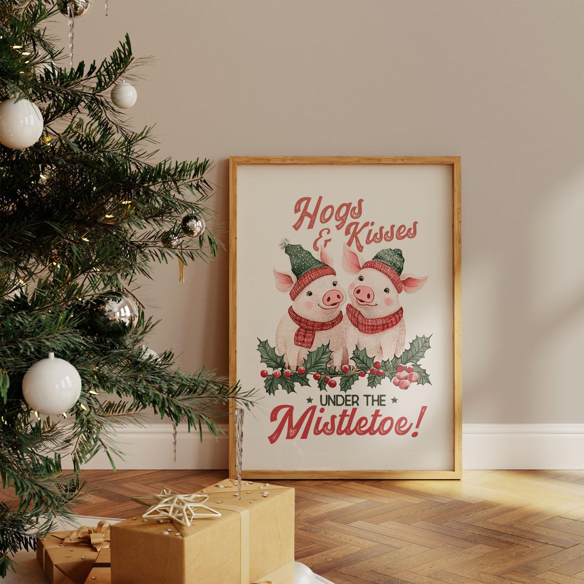 Hogs and Kisses Under the Mistletoe Cute Pigs Christmas Poster - Image 3