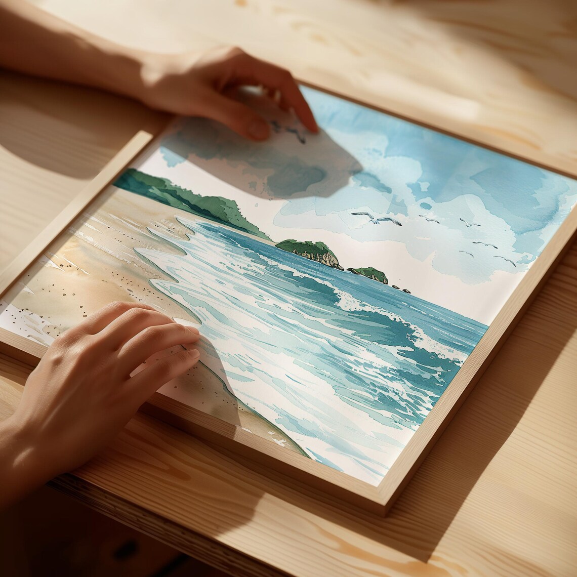 Neutral Watercolor Beach Seagulls Islands Serene Coastal Poster - Image 4