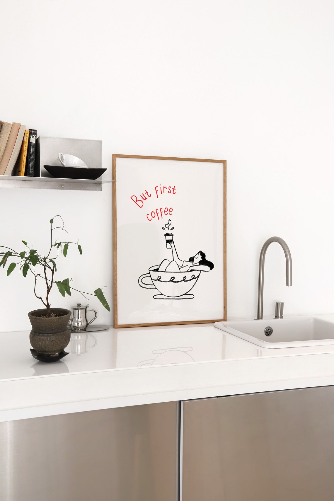 But First Coffee Woman Relaxing in a Coffee Cup Line Drawing Poster - Image 5