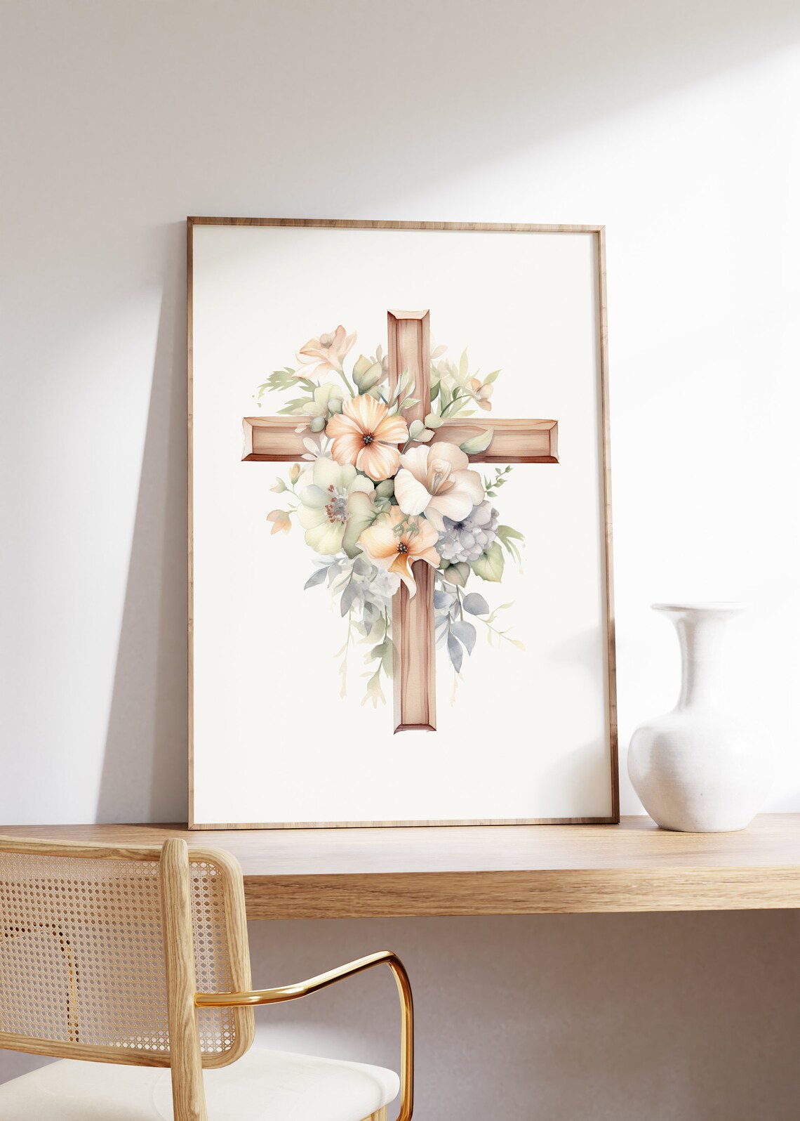 Watercolor Floral Wooden Cross Christian Easter Home Decor Art Print - Image 4